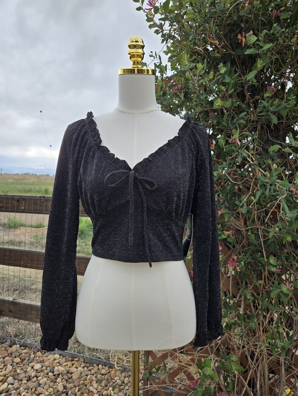 NWT SR Women's Black Sparkle Tie-Front Long Sleeve Cropped Top Size Large